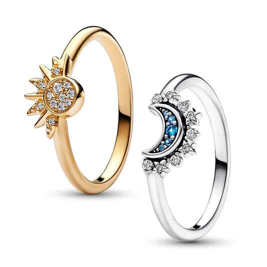 Celestial Blue Sparkling Moon And Sun Rings silver gold plated