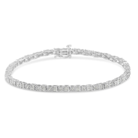 10K White Gold 1.0 Cttw Baguette & Round Diamond Alternating Link Tennis Bracelet (I-J Color, I2-I3 Clarity) - 7”